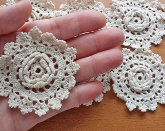 Crochet Flower Lace Appliques, Vintage Crochet Doily Medallion Pieces, Crocheted Flowers, 2.5 to 2.75 inch Small Size