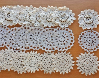 30 Small Crochet Doilies Mix, Beige Ecru Colors, Small Craft Doilies, Crocheted Flowers