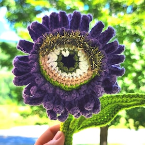 Virkat blommamönster med ögon, kronbladsögon, Halloween-virkat amigurumimönster av Rachael's Scraps, skrivet med amerikansk terminologi