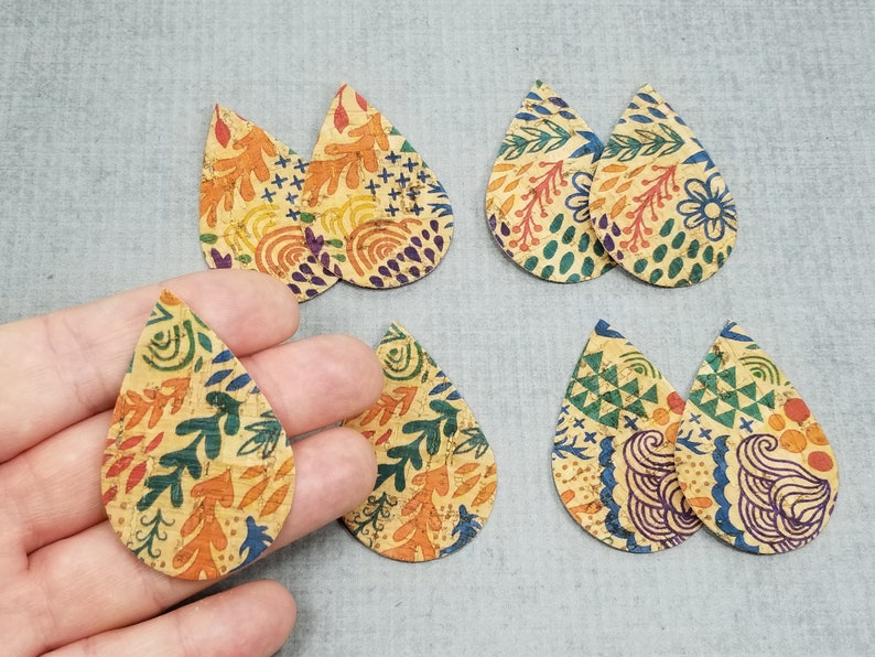 4 pairs of Teardrop Shapes Colorful Abstract Print Cork Teardrop Shapes for Earrings Wood Cork Teardrops 8 pieces Natural CORK Teardrops