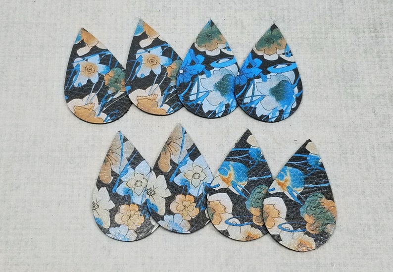 Darker Floral Teardrops Brown and Blue Flowers Genuine Leather Teardrops Leather Shapes for Earring Making 4 Pairs Leather Teardrops