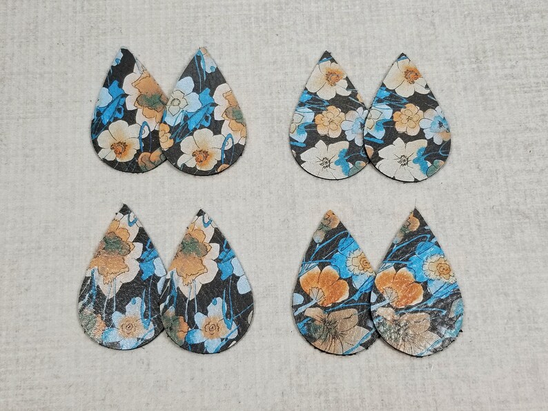 Darker Floral Teardrops Brown and Blue Flowers Genuine Leather Teardrops Leather Shapes for Earring Making 4 Pairs Leather Teardrops