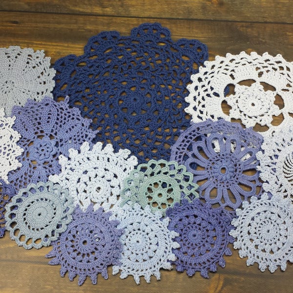 RESERVED 15 Blue Hand Dyed Vintage Crochet Doilies, 2.5 to 7  inch Small Craft Doilies for Dream Catchers, Weddings, DIY Projects, and More