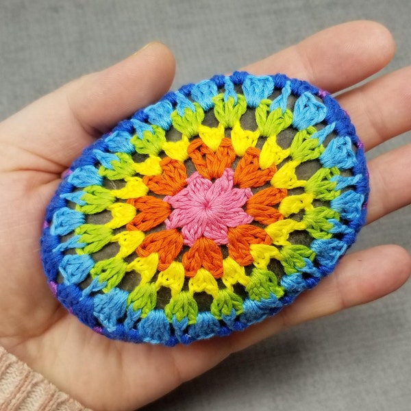 Mandala Stone, Crocheted Stone, Hand Crocheted Polished Rock, Colorful Palm Stone, Rainbow Mandala, Crocheted Paperweight, Lace Stone