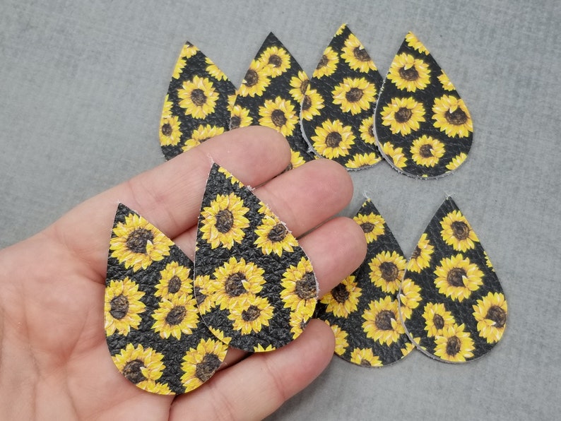 Sunflower Genuine Leather Tear Drops Leather Shapes for Earring Making 4 Pairs of Leather Teardrops Floral Black and Yellow