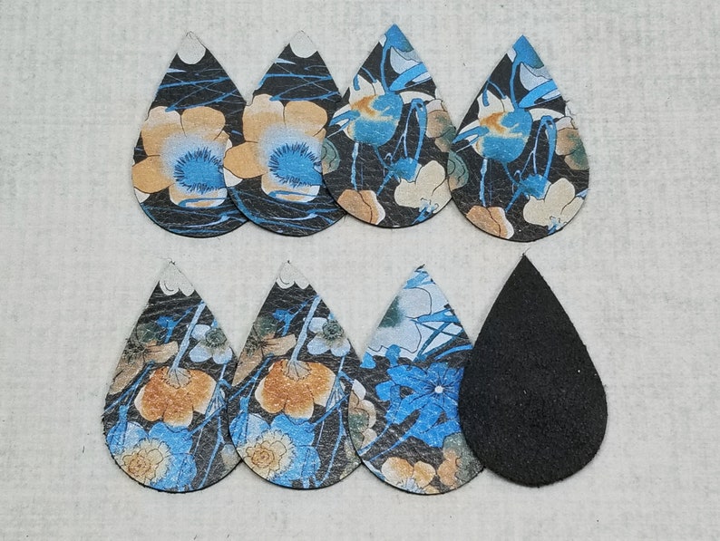 Darker Floral Teardrops Brown and Blue Flowers Genuine Leather Teardrops Leather Shapes for Earring Making 4 Pairs Leather Teardrops