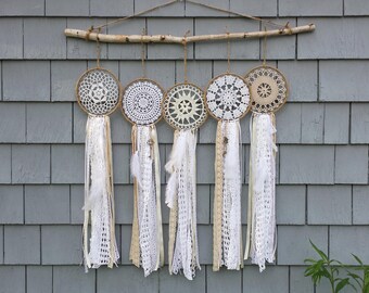 Boho Dream Catcher Collection, 5 Dream Catchers with a Birch Branch Hanger, Shabby Bohemian Gypsy Style Wall Decoration