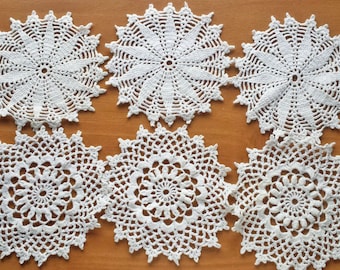 6 Crocheted Vintage Doilies, 4 inch Crochet Mandalas, Crocheted Coasters, Four Inch Craft Doilies, Mandala Style Doilies