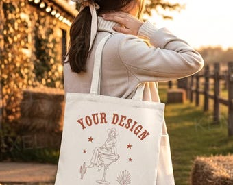 Boho Western Tote Bag Mockup | Rustic Lifestyle Canvas | Eco Market | POD