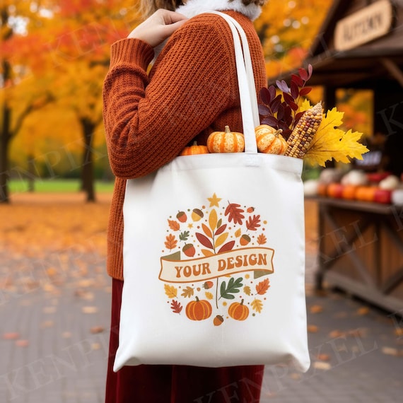 Fall Tote Bag Mockup | Autumn Market Scene | Cozy Orange Sweater | Natural Canvas Bag | POD