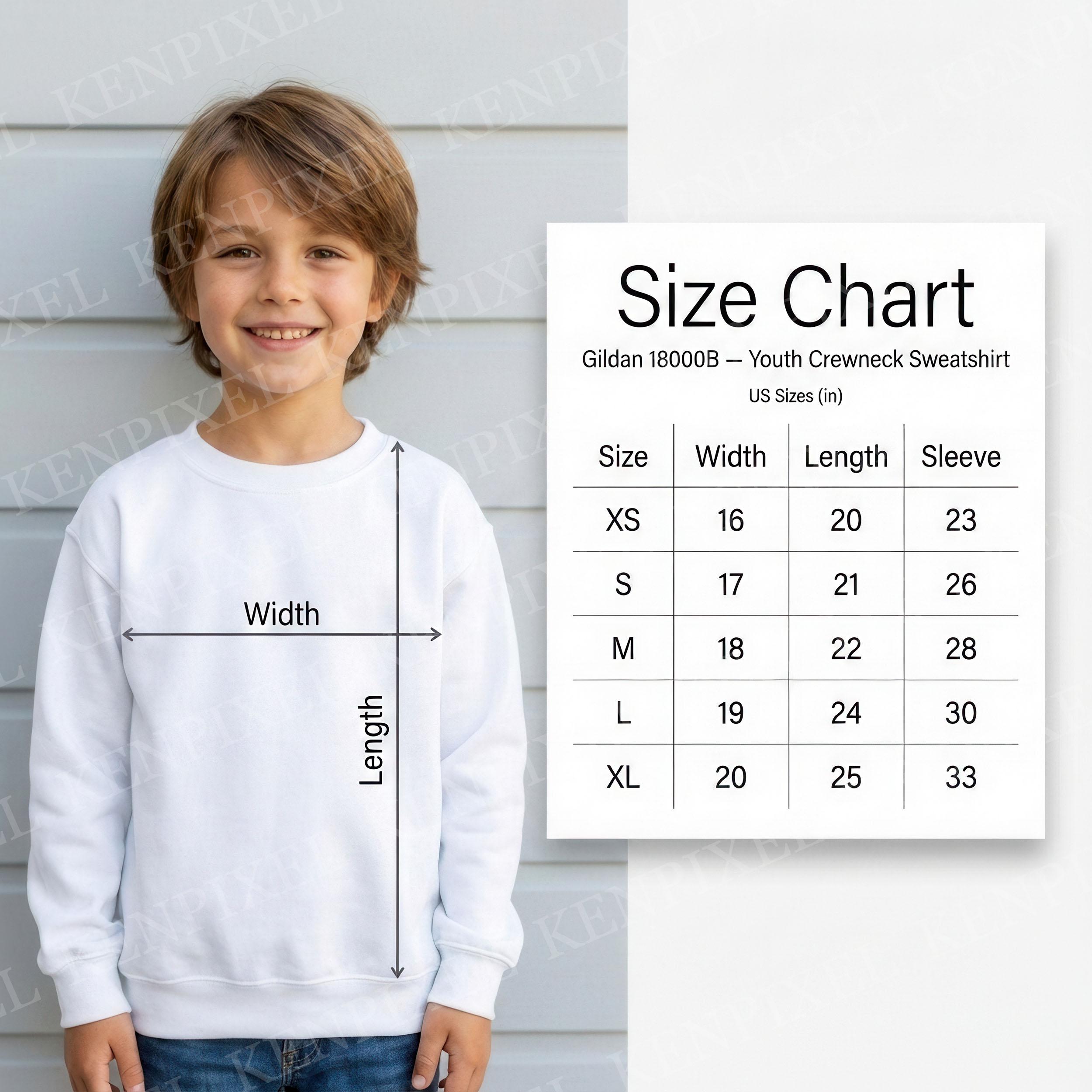 Youth Size Chart Gildan 18000B | Kids Crewneck Sweatshirt