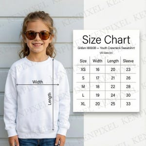 Gildan 18000B ユースサイズ表 | キッズクルーネックスウェットシャツ 採寸ガイド | 印刷可能