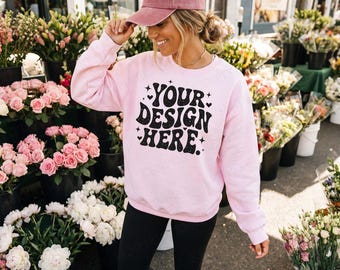 Gildan 18000 Sweatshirt Mockup | Pink Crewneck | Blank G18000 Template | Oversized Preview POD