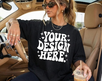 Comfort Colors 1717 Black Tshirt Mockup, Lifestyle model photo, Car interior scene, Streetwear shirt mockup, POD listing image, Tee template