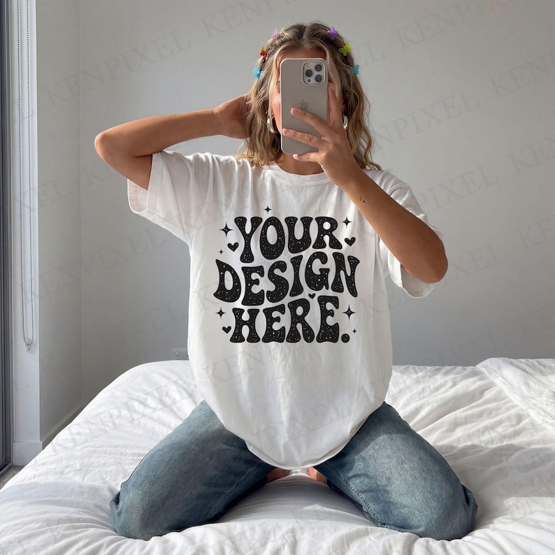 May include: White t-shirt with the text "YOUR DESIGN HERE" in a black, retro font. The design includes stars and hearts. The model is wearing blue jeans.