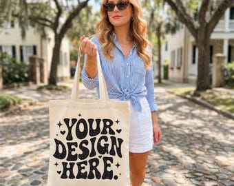 Canvas Tote Bag Mockup, Natural Cotton Shoulder Bag, Southern Street Lifestyle Photo, Blank Logo Display Image