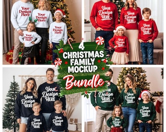 May include: A mockup bundle showcasing four family Christmas sweater designs. Each design features a family of four wearing matching sweaters with the text "Your Design Here" in white. A Christmas tree is in the background.