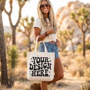 Canvas Tote Bag Mockup, Natural Cotton Shopping Bag, Boho Desert Lifestyle Photo, Blank Logo Display Image
