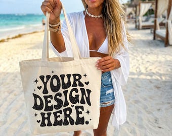 Canvas Tote Bag Mockup Beach, Natural Cotton Shoulder Bag, Summer Vacation Lifestyle Photo