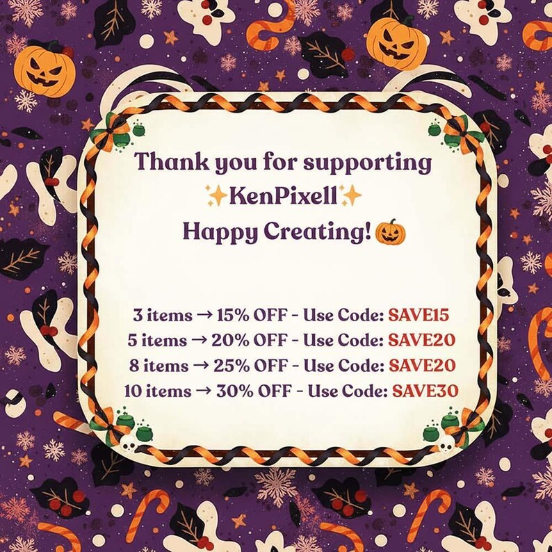 May include: A festive Halloween-themed graphic with a purple background adorned with pumpkins, leaves, and stars. A central cream-colored frame contains the text "Thank you for supporting KenPixell. Happy Creating!" with a pumpkin icon.