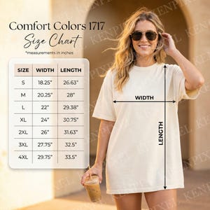 Comfort Colors 1717 サイズ表 | ユニセックスTシャツの寸法 S-4XL | 幅と長さのサイズガイド表示