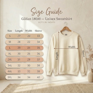May include: A cream-colored Gildan 18000 unisex sweatshirt displayed on a hanger. The image includes a size guide with measurements in inches for sizes S to 5XL. The guide shows length, width, and sleeve measurements.