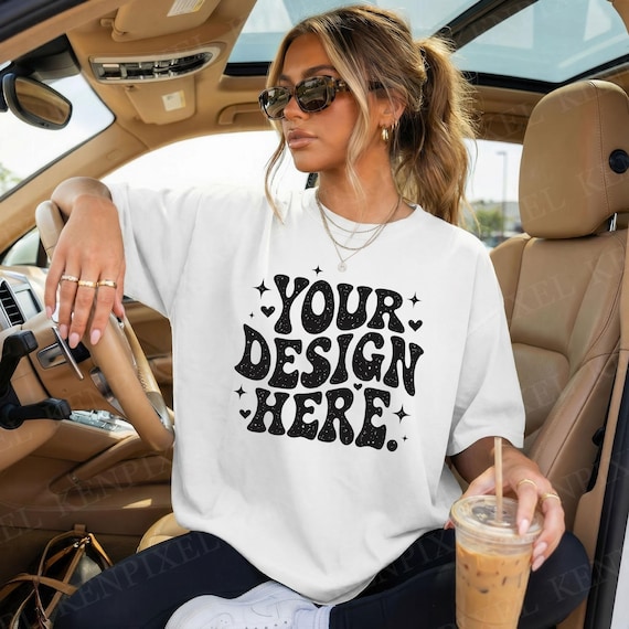 Comfort Colors 1717 White Tshirt Mockup, lifestyle model photo, car interior scene, trendy sunglasses look, iced coffee prop, POD