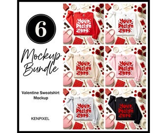 Puede incluir: Un paquete de maquetas con seis sudaderas de San Valentín en rojo, blanco, beige, rosa, gris y negro. Cada sudadera tiene el texto "Your Design Here". La imagen incluye accesorios como rosas y bolsos.