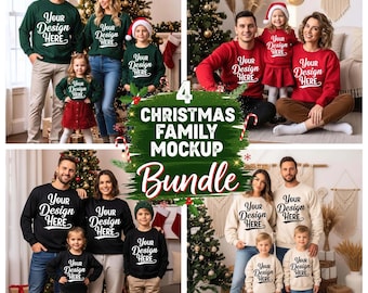 May include: A Christmas family mockup bundle featuring four family photos. Each photo shows a family wearing matching sweatshirts with the text "Your Design Here". The families are in front of Christmas trees.