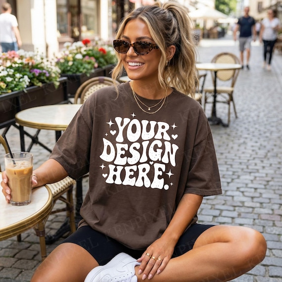 Comfort Colors 1717 Espresso Shirt Mockup, CC 1717 Brown TShirt Photo, Outdoor Cafe Model Image, Garment Dyed Tee Front View