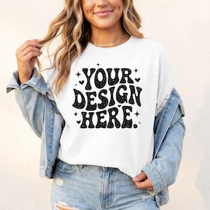Comfort Colors 1717 White Mockup | Denim Jacket Outfit | Oversized Tee | Trendy Model | POD