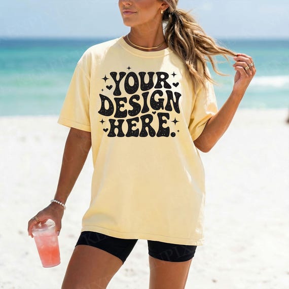 Comfort Colors 1717 Butter Tshirt Mockup, beach model lifestyle, coastal summer shirt photo, POD apparel mockup, tee template JPG