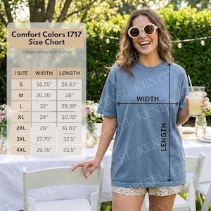 Comfort Colors 1717 Size Chart | Unisex Garment Dyed T Shirt Measurements S-4XL | Width Length Sizing Guide