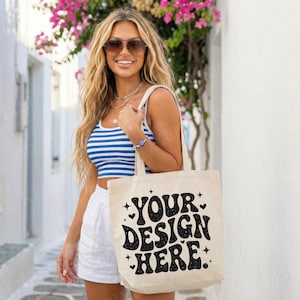 Canvas Tote Bag Mockup, Natural Cotton Shoulder Bag, European Summer Lifestyle Photo, Blank Logo Display Image