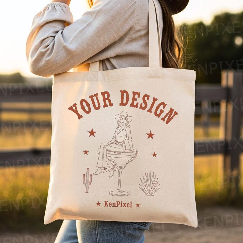 May include: Cream-colored tote bag with a red design. The design features the words "YOUR DESIGN" above an illustration of a cowgirl sitting in a martini glass, with stars and desert plants. The text "KenPixel" is at the bottom.