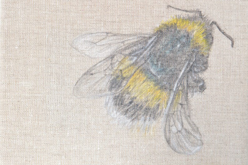 diptych pencil and watercolour drawing of a bumble bee pencil on linen drawing bee picture Bumble bee drawing on canvas