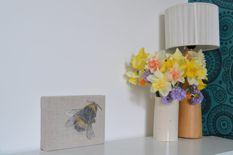 diptych pencil and watercolour drawing of a bumble bee pencil on linen drawing bee picture Bumble bee drawing on canvas