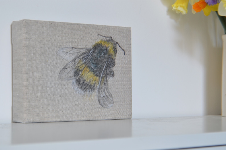 diptych pencil and watercolour drawing of a bumble bee pencil on linen drawing bee picture Bumble bee drawing on canvas