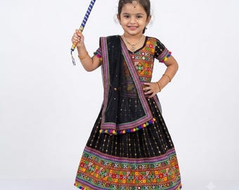 Shree Sadguru Market Traditional Kids Chaniya Choli Set | Gujarati Kutchi Embroidered Navratri Dandiya Dress for Girls | Mirror Work Ethnic