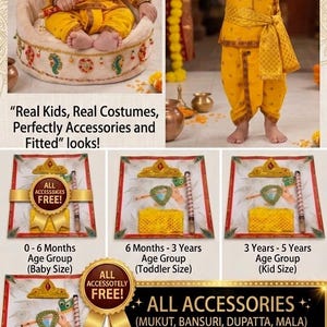 Könnte beinhalten: Ein gelbes traditionelles Kostümset für Kinder im Alter von 0-5 Jahren, bestehend aus Dhoti, Kurta und Schärpe. Zum Zubehör gehören eine goldfarbene Krone, eine Perlenkette und eine Flöte. Das Set wird in verschiedenen Größen mit Schmuck angeboten.