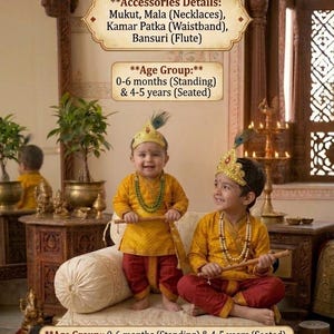 Barn Krishna Angarkha Dhoti Set | Bomull Festliga Etniska Kläder med Accessoarer