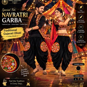 May include: A black dhoti set featuring intricate, colourful circular embroidery on the legs. The outfit includes a black top and a matching vest with vibrant, multi-coloured patterns. The text on the image reads Special For NAVRATRI GARBA.