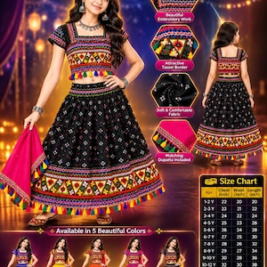 May include: A black Chaniya Choli set featuring a cropped top and a long skirt with colourful geometric embroidery, mirror work, and tassel borders. The set includes a matching pink dupatta and is available in five colours with a size chart included.
