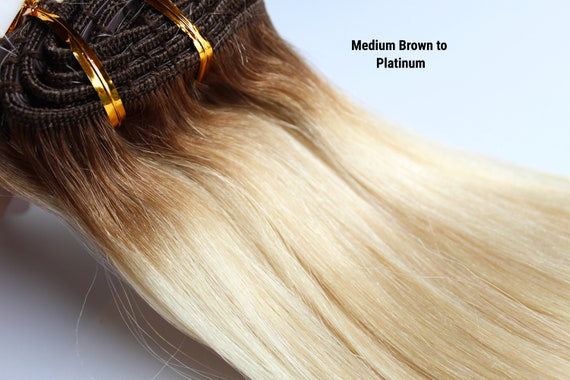 Platinum With Medium Brown Root Human Hair Extensions Clip In Etsy