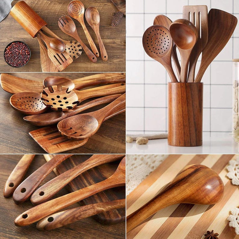 May include: A collection of wooden kitchen utensils, including spoons, spatulas, and slotted tools. The utensils are displayed in a wooden holder and arranged on a wooden surface. The wood has a warm, natural tone.