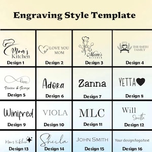 May include: An engraving style template with 16 design options. Designs include text such as "Mom's Kitchen", names, and family names. Each design is labeled with a number from 1 to 16. The text "Engraving Style Template" is at the top.