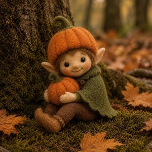 Needle Felted Pumpkin Elf Figurine, Wool Forest Pixie Doll with Pumpkin, Fall Tiered Tray Decor, Halloween Autumn Gift, Waldorf Figurine
