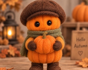 Needle Felted Pumpkin Figurine with Newsboy Cap, Cute Autumn Harvest Pumpkin Holding Baby Pumpkin, Fall Tiered Tray Decor, Thanksgiving Gift