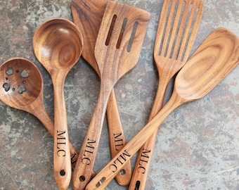 Personalized Teak Wooden Spatula Set, Custom Engraved Cooking Utensils Nonstick Safe Kitchen Tools Gifts, Wooden Spoon, Spatula, Pasta Scoop