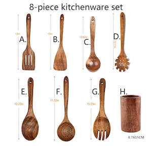 May include: An 8-piece kitchenware set made of wood. The set includes a slotted spatula (12in), a solid spatula (12in), a ladle (10.82in), a pasta fork (12.71in), a spoon (10.23in), a slotted spoon (11.22in), a fork (10.23in), and a utensil holder (8.7X15CM).